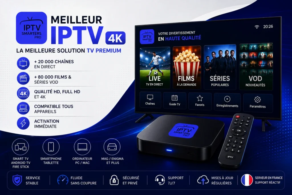 Meilleur ABONNEMENT IPTV 4K avec IPTV Smarters Pro, plus de 20 000 chaînes, 80 000 films et séries VOD, qualité HD, Full HD et 4K, compatible Smart TV, Android TV et Fire TV Stick.